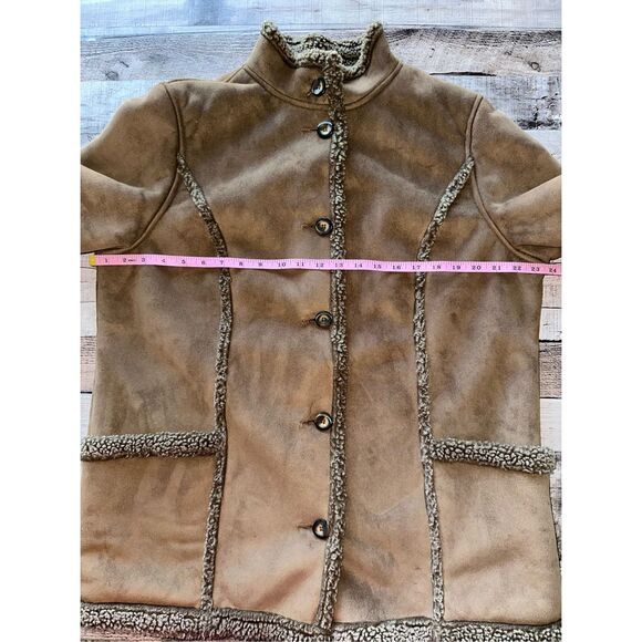 Size L Vintage 90s L.L.Bean Faux Suede Shearing Sherpa Lined Fleece Brown Coat - Picture 4 of 7
